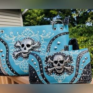 Turquoise Rhinestone Skull Concealed Carry Shoulder Bag & Matching Wallet Set NW